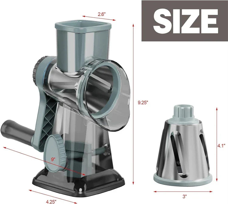 Mivoza rotary cheese grater with three interchangeable drums and easy-to-clean design, shown with cheese on a kitchen countertop.