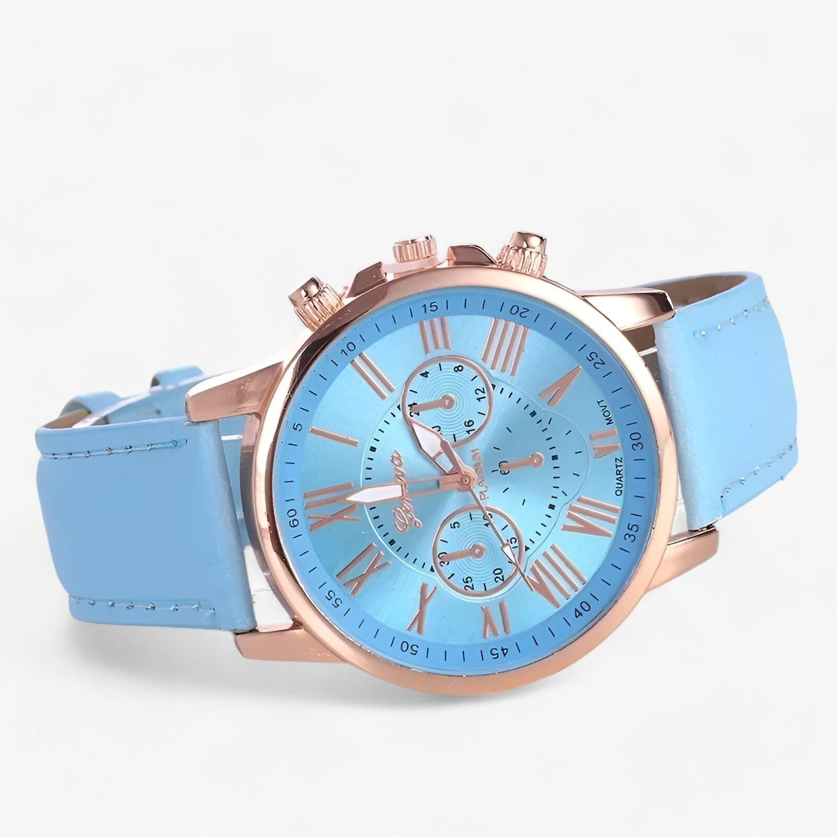 Elegant women's leather strap watch with Roman numeral dial, classic design by Mivoza, suitable for stylish accessories.