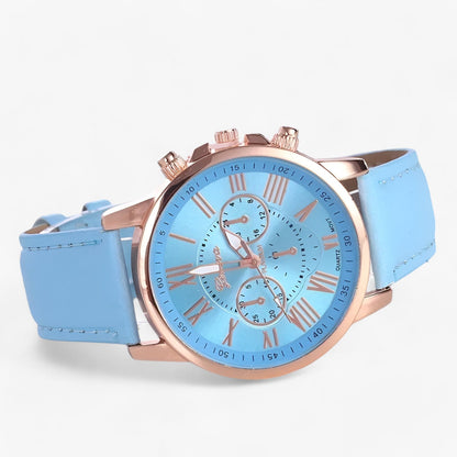 Elegant women's leather strap watch with Roman numeral dial, classic design by Mivoza, suitable for stylish accessories.