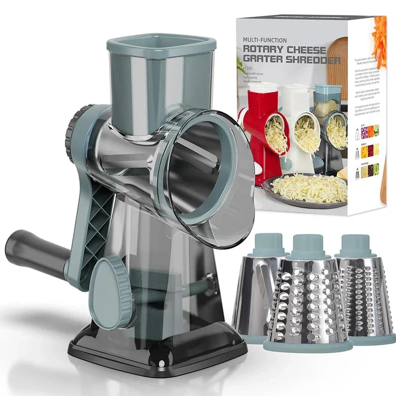 Mivoza rotary cheese grater with three interchangeable drums, easy-to-clean design, ideal for shredding cheese and vegetables in the kitchen.