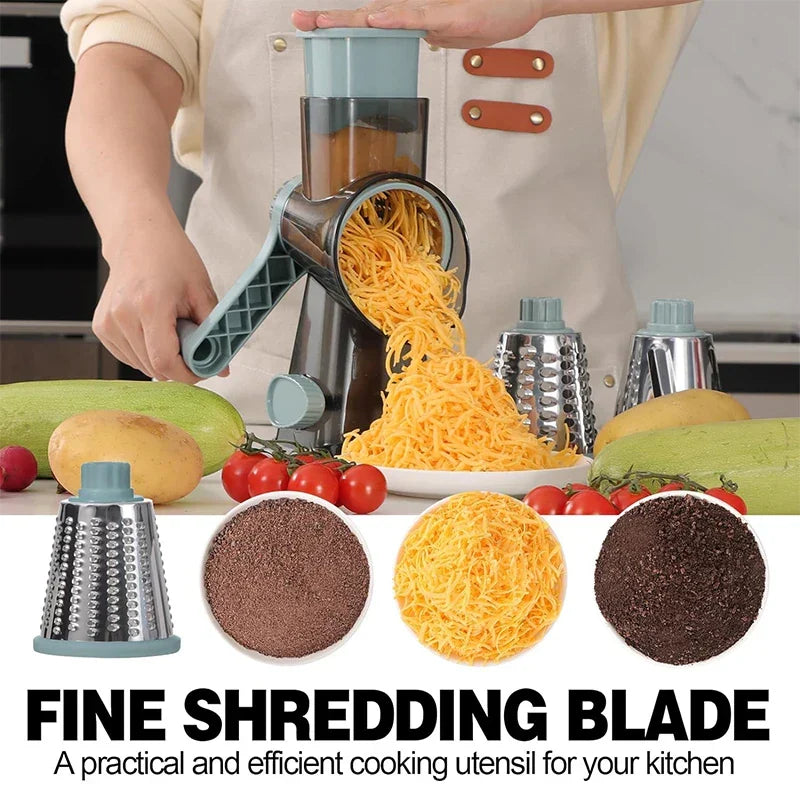 Mivoza rotary cheese grater with three interchangeable drums and easy-to-clean design for versatile shredding in the kitchen.
