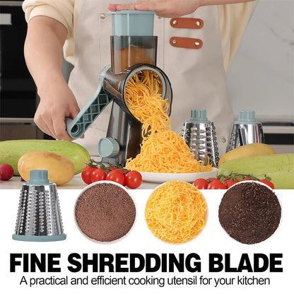 Mivoza rotary cheese grater with three interchangeable drums and easy-to-clean design for versatile shredding in the kitchen.
