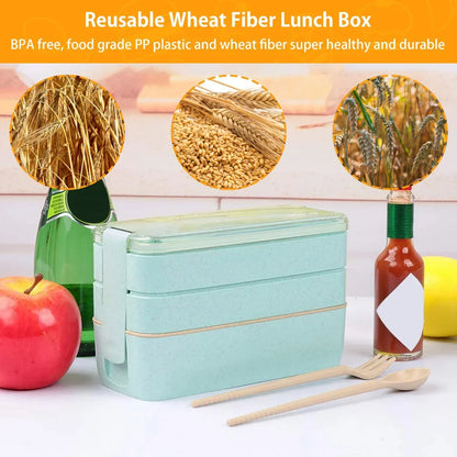 DecorsDeluxe 3-tier wheat straw bento lunch box with leak-proof design, 900ml capacity, includes utensils, suitable for meal prep.