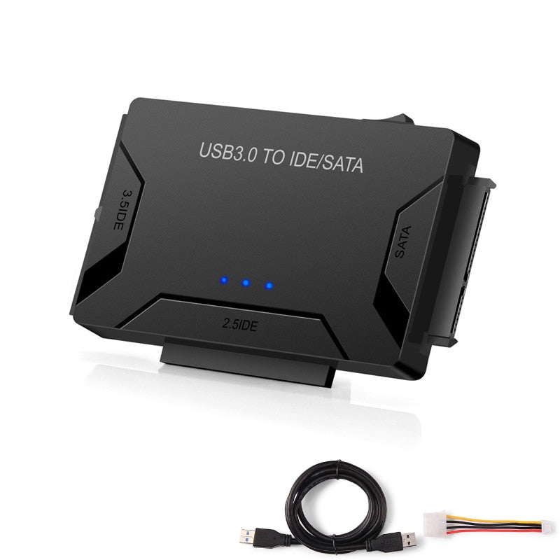 Belro USB 3.0 to IDE/SATA hard drive adapter connected to a hard drive, showing the compact electronics for data transfer.