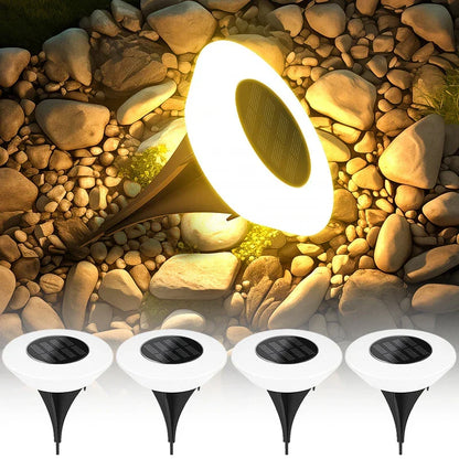 Mivoza solar ground light 4-pack with 14 LEDs, 360° illumination, garden spike lights for outdoor landscape lighting.