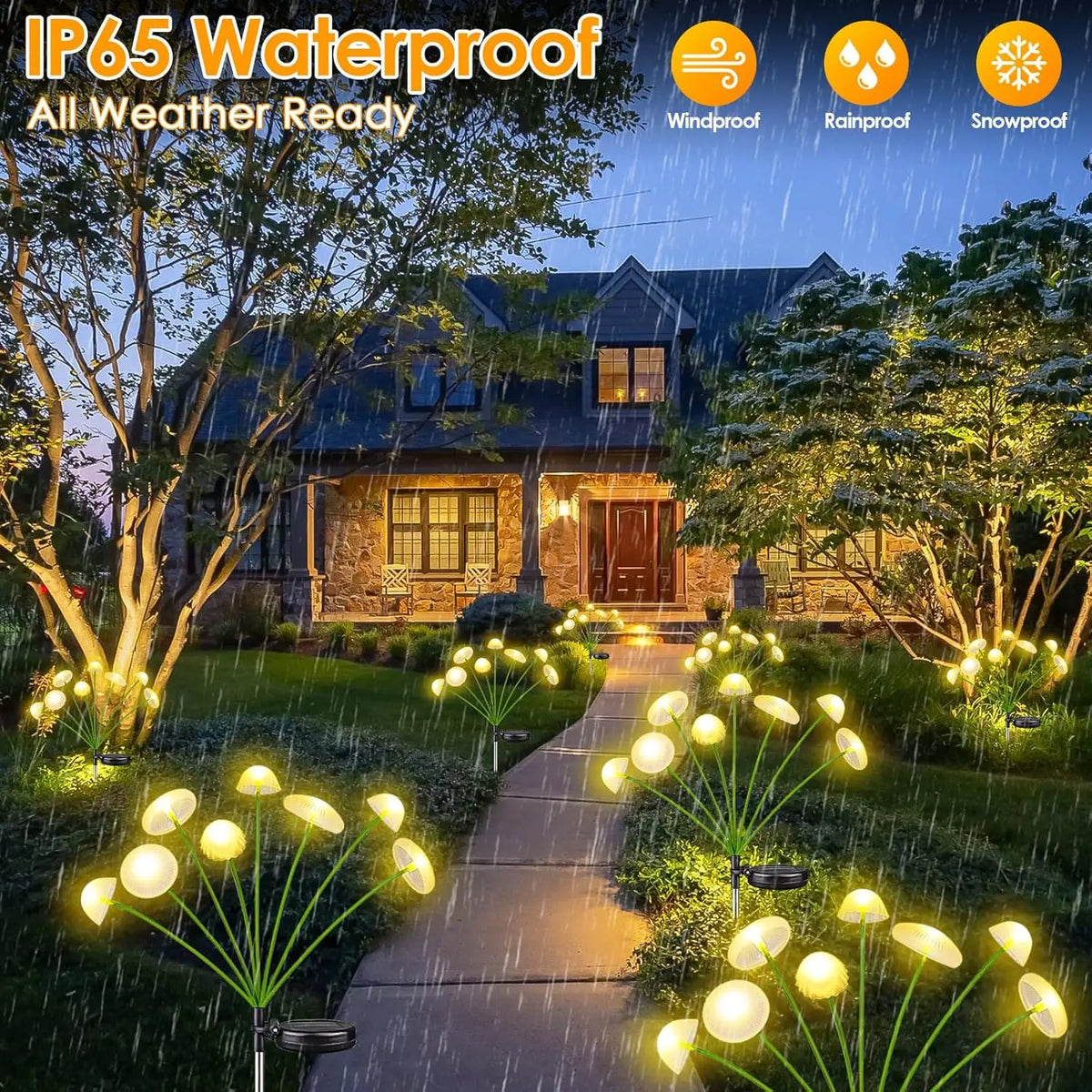 Mivoza solar mushroom garden light set with 6 swaying heads on garden stakes, decorative outdoor solar lighting for garden paths.
