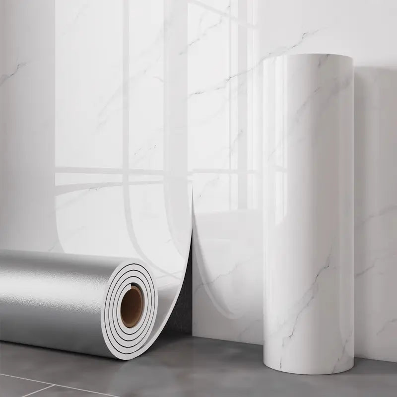 Matte marble self-adhesive decorative film by Mivoza, peel-and-stick surface for kitchen countertop covering.