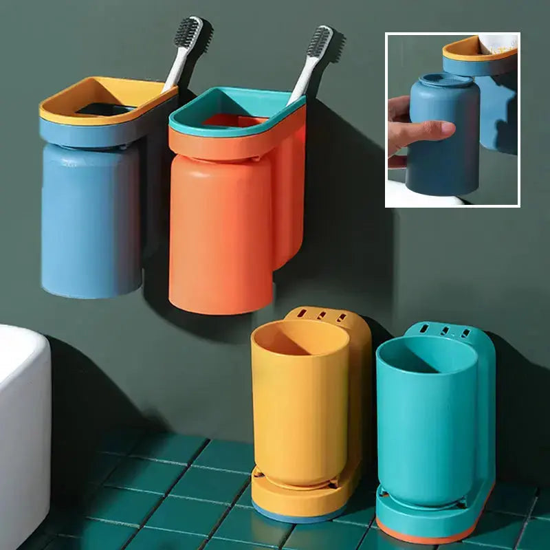 Mivoza wall adhesive toothbrush holder mounted on bathroom wall, organized with toothbrushes, no drill required, bathroom accessory.
