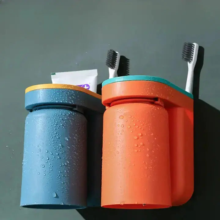 Mivoza wall-mounted adhesive toothbrush holder in bathroom, no drill, sleek design for organized toothbrush storage.