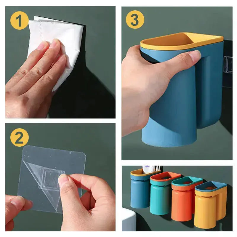 Wall-mounted Mivoza adhesive toothbrush holder for bathroom organization, no drill installation, with a sleek, space-saving design.