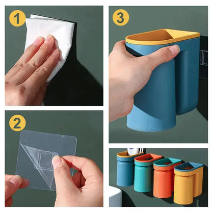 Wall-mounted Mivoza adhesive toothbrush holder for bathroom organization, no drill installation, with a sleek, space-saving design.