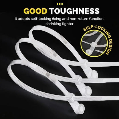 Mivoza self-locking cable ties with screw hole, UV-resistant, 22kg tensile strength for secure cable management.