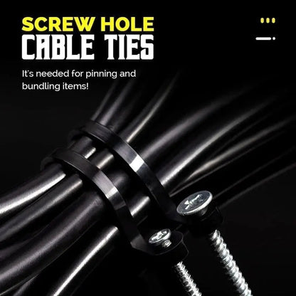 Mivoza self-locking cable tie with screw hole, UV-resistant, 22kg tensile strength, used for electrical cable management.