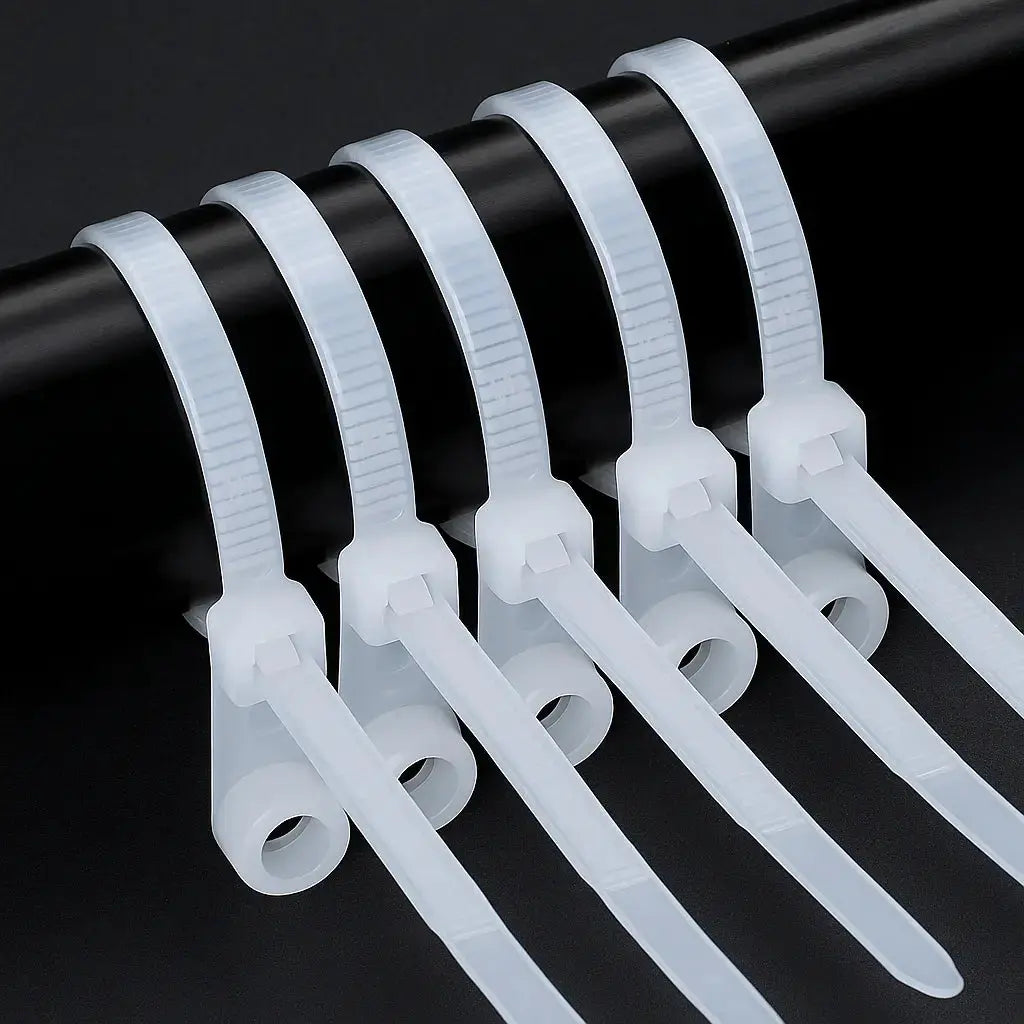 Mivoza self-locking cable ties with screw hole, UV-resistant, 22kg tensile strength, ideal for electrical cable management.