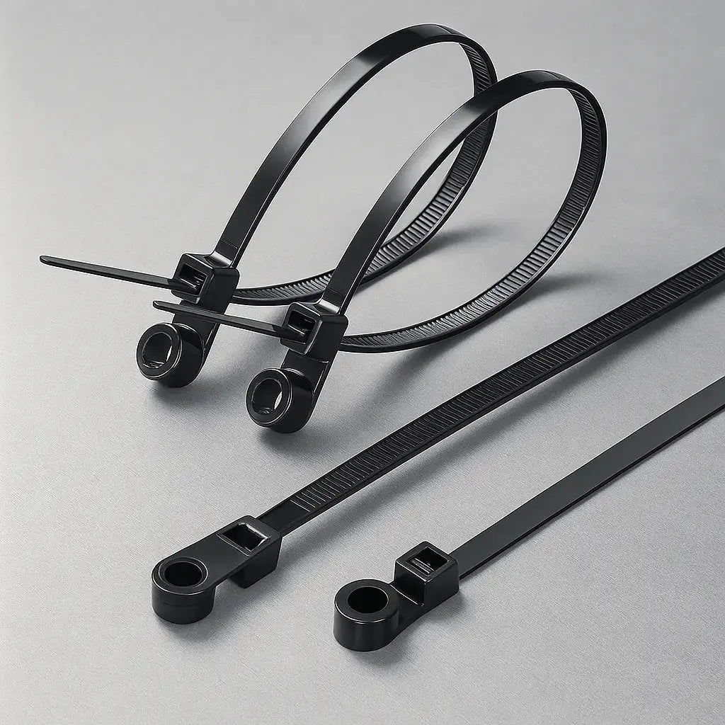 Mivoza self-locking cable ties with screw holes, UV-resistant, 22kg tensile strength for secure cable management and electrical installation.