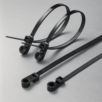 Mivoza self-locking cable ties with screw holes, UV-resistant, 22kg tensile strength for secure cable management and electrical installation.