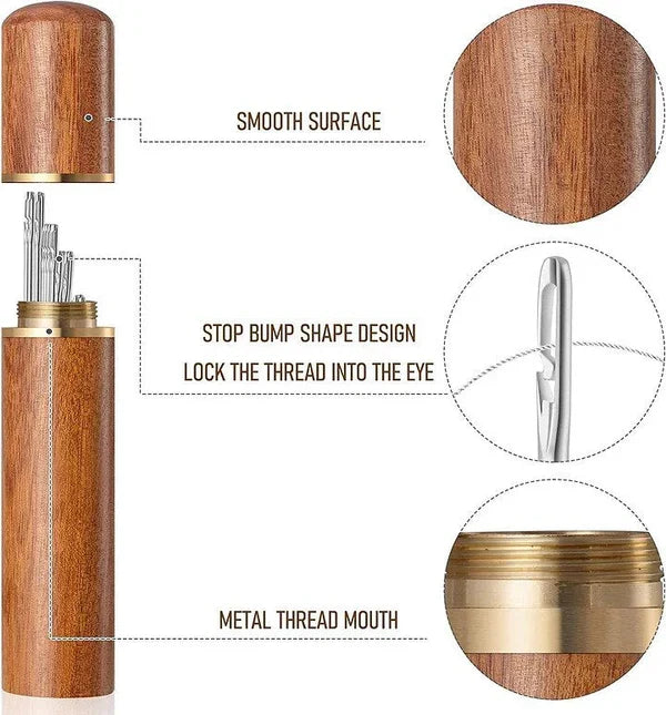 Belro self-threading sewing needles for men's clothing, with a close-up of the needles and threading mechanism.