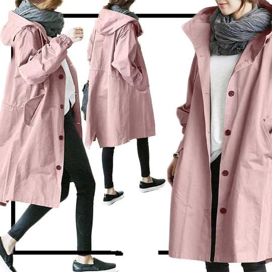 Windproof women's trench coat by BowLift featuring a hood, waterproof outdoor design, ideal for stormy weather.