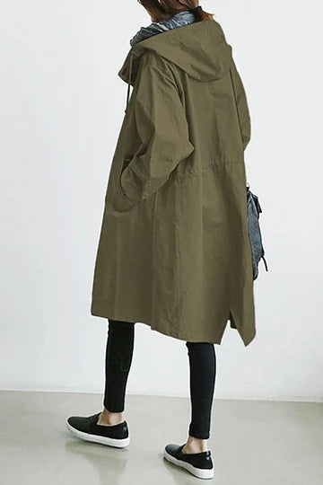 Windproof women's trench coat by BowLift, waterproof hooded outdoor jacket in beige color with storm flap and belted waist.