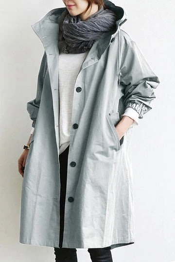 Windproof women's trench coat by BowLift featuring a hood, waterproof outdoor jacket with storm-resistant design.
