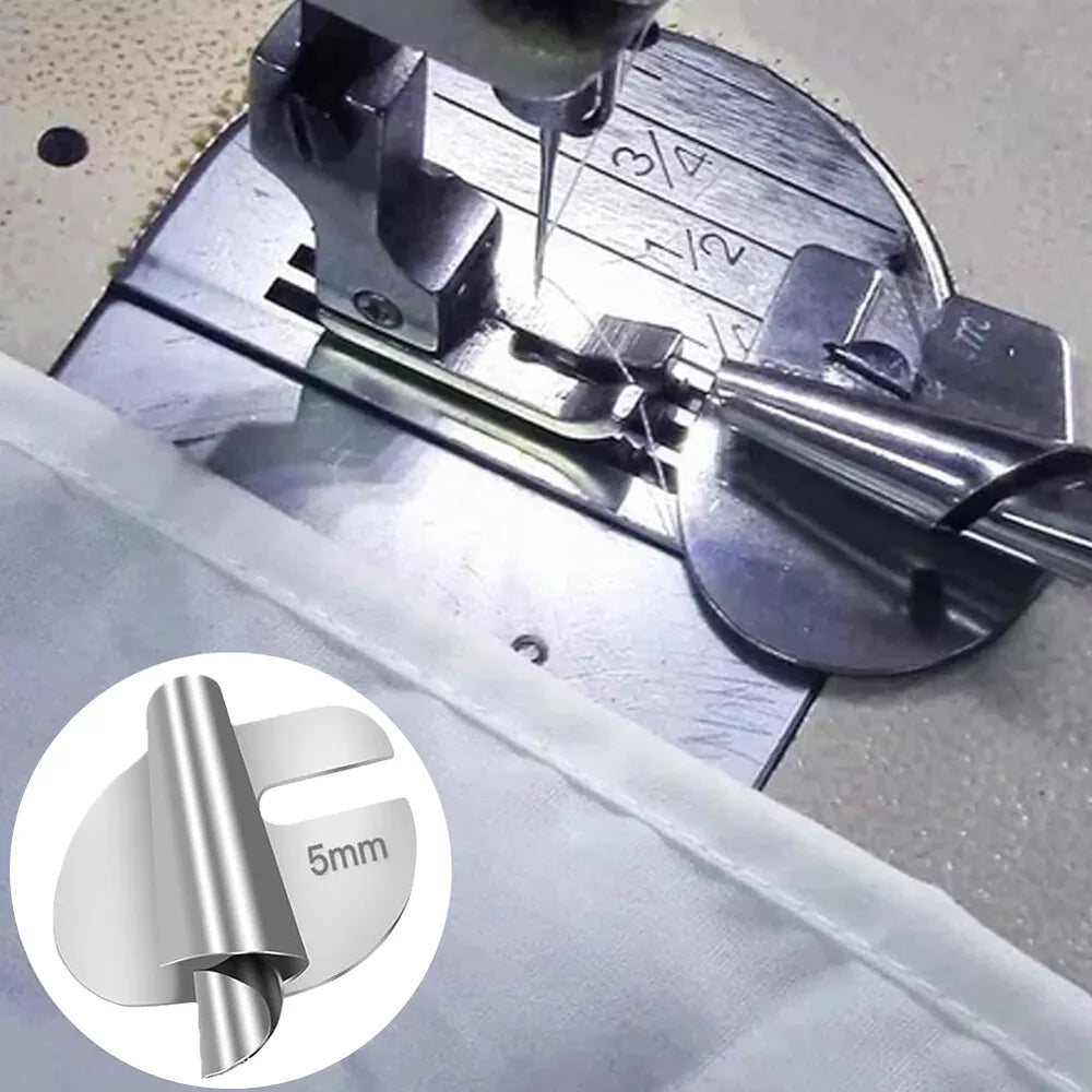 Belro stainless steel sewing rolled hemmer foot, ideal for clothing sewing, shown in a close-up image.