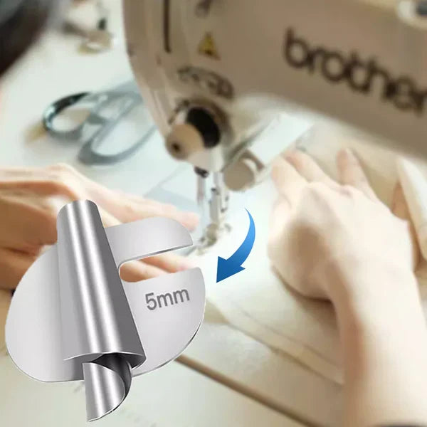 Stainless steel Belro sewing rolled hemmer foot for sewing machines, ideal for creating rolled hems in clothing and textiles.