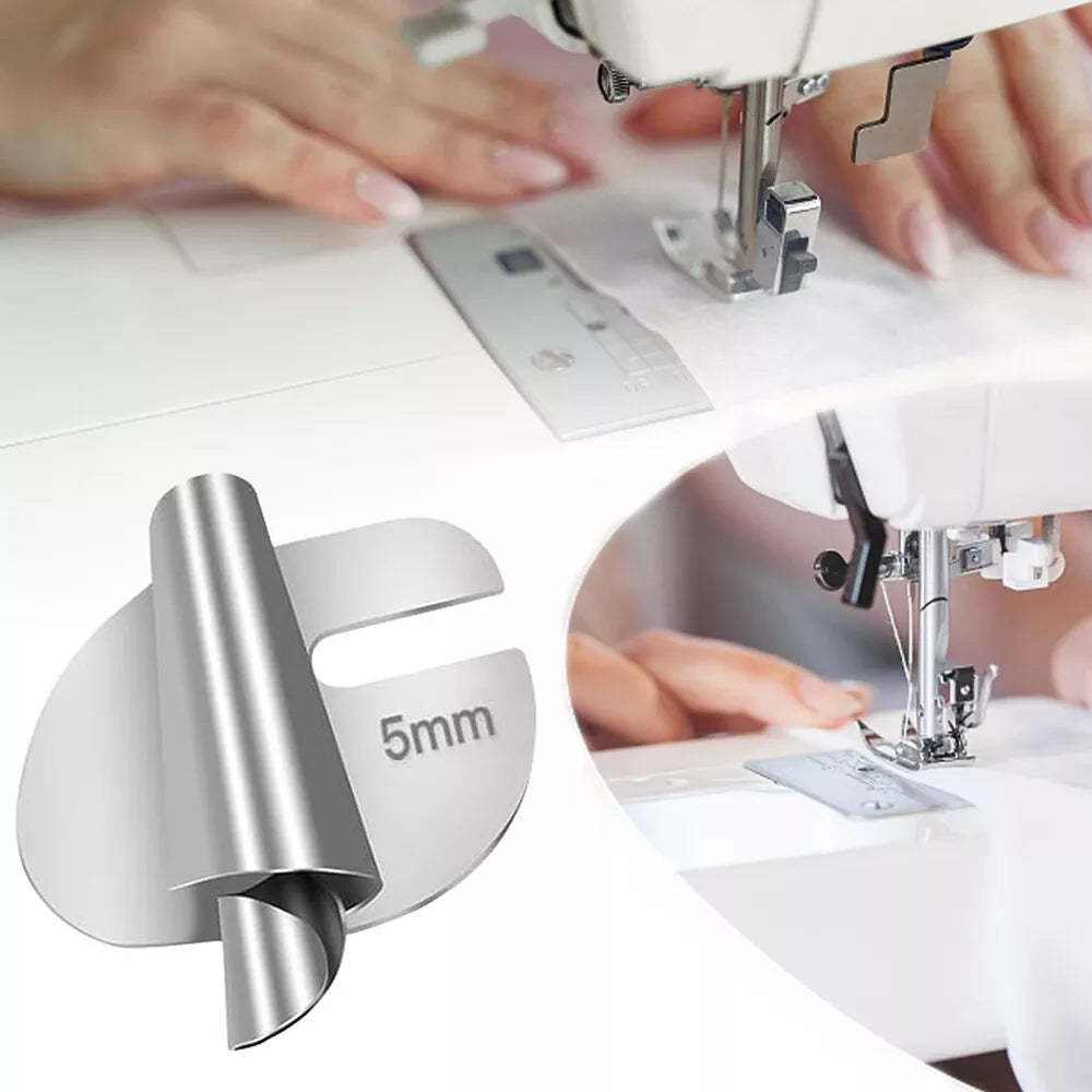 Belro sewing rolled hemmer foot in stainless steel, designed for home and industrial use on men's clothing sewing machines.