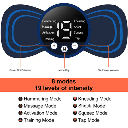 Belro electric EMS neck massager with adjustable straps, showing its ergonomic design and control panel for personal relaxation.