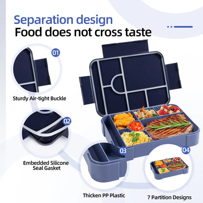 DecorsDeluxe Bento lunch box with 7 compartments, 1330ml capacity, leak-proof design, includes cutlery for convenient meals.