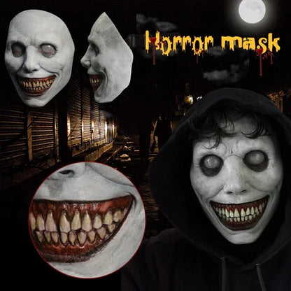 Belro creepy smiling face evil mask featuring white-eyed demon design, perfect for costumes and spooky dress-up occasions.