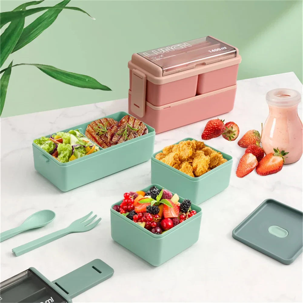 DecorsDeluxe 1400ml double layer bento lunch box with leak-proof design, fork, and spoon for packed meals.