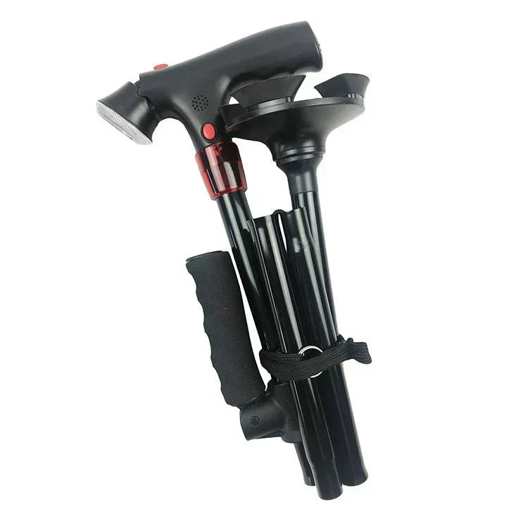 Foldable Mivoza Deutschland walking cane with LED light, alarm function, adjustable height, designed for mobility aid and personal safety.