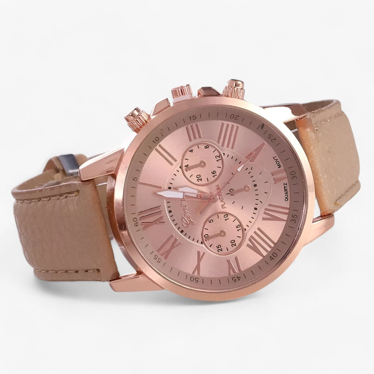 Elegant women's leather strap watch with Roman numeral dial, featuring a classic design from Mivoza.