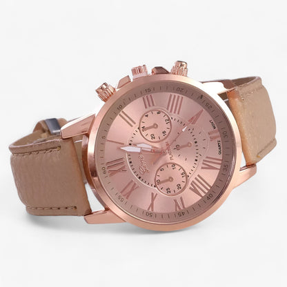 Elegant women's leather strap watch with Roman numeral dial, featuring a classic design from Mivoza.