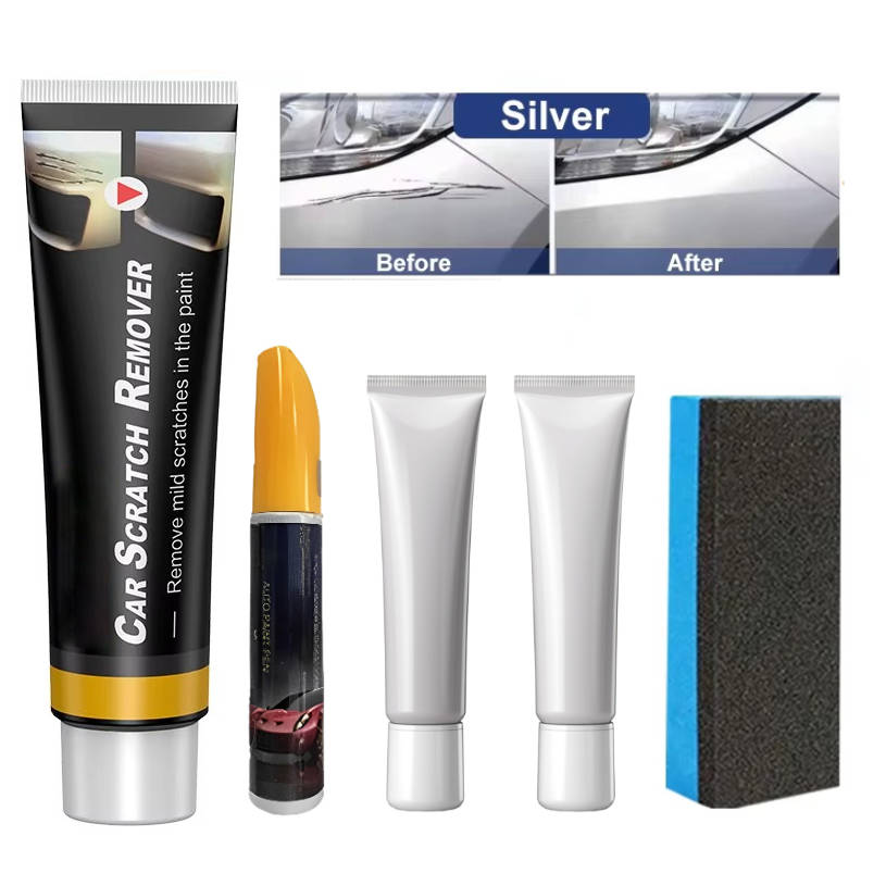 Silver car scratch repair kit by Belro, designed for home and garden decor to fix deep scratches on vehicle surfaces.