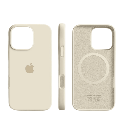 Silicone MagSafe-compatible iPhone case by BowLift with soft-touch finish, featuring a sleek silver design and magnetic attachment.