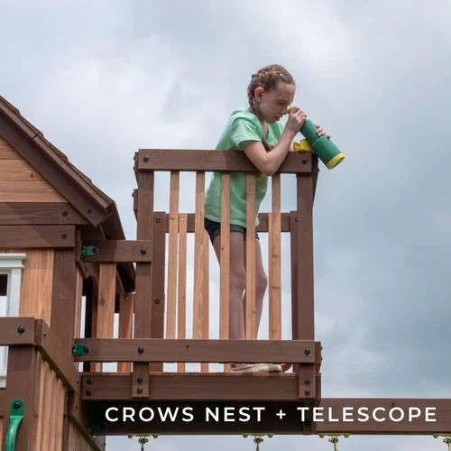Casavibeo Backyard Discovery Skyfort III swing set with a crows nest lookout, featuring a slide and climbing features in the backyard.