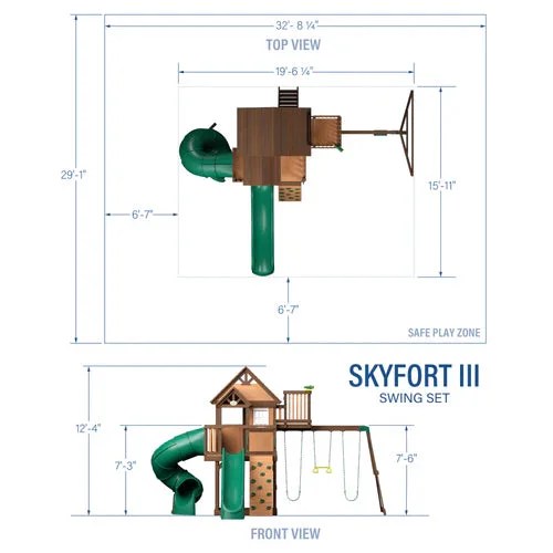 Diagram of the Casavibeo Backyard Discovery Skyfort III swing set with dimensions in inches, showing play features and structure layout.