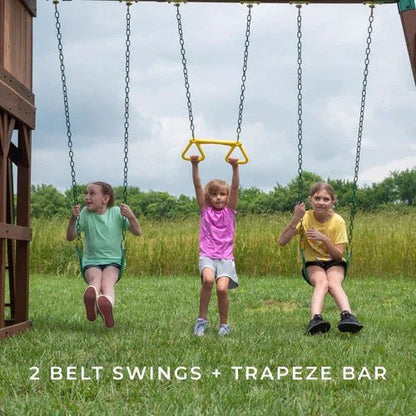 Casavibeo Backyard Discovery Skyfort III swing set with sturdy beam and play features, ideal for outdoor kids' play area.