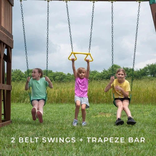 Casavibeo Skyfort III Swing Set with sturdy swing beam, outdoor play equipment for kids, in a backyard setting