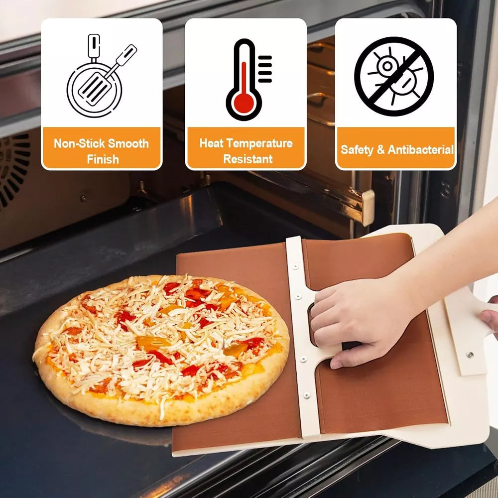 Belro sliding pizza peel with non-stick surface and handle, designed for easy transfer and serving pizza in home kitchen.