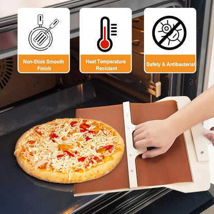 Belro sliding pizza peel with non-stick surface and handle, designed for easy transfer and serving pizza in home kitchen.