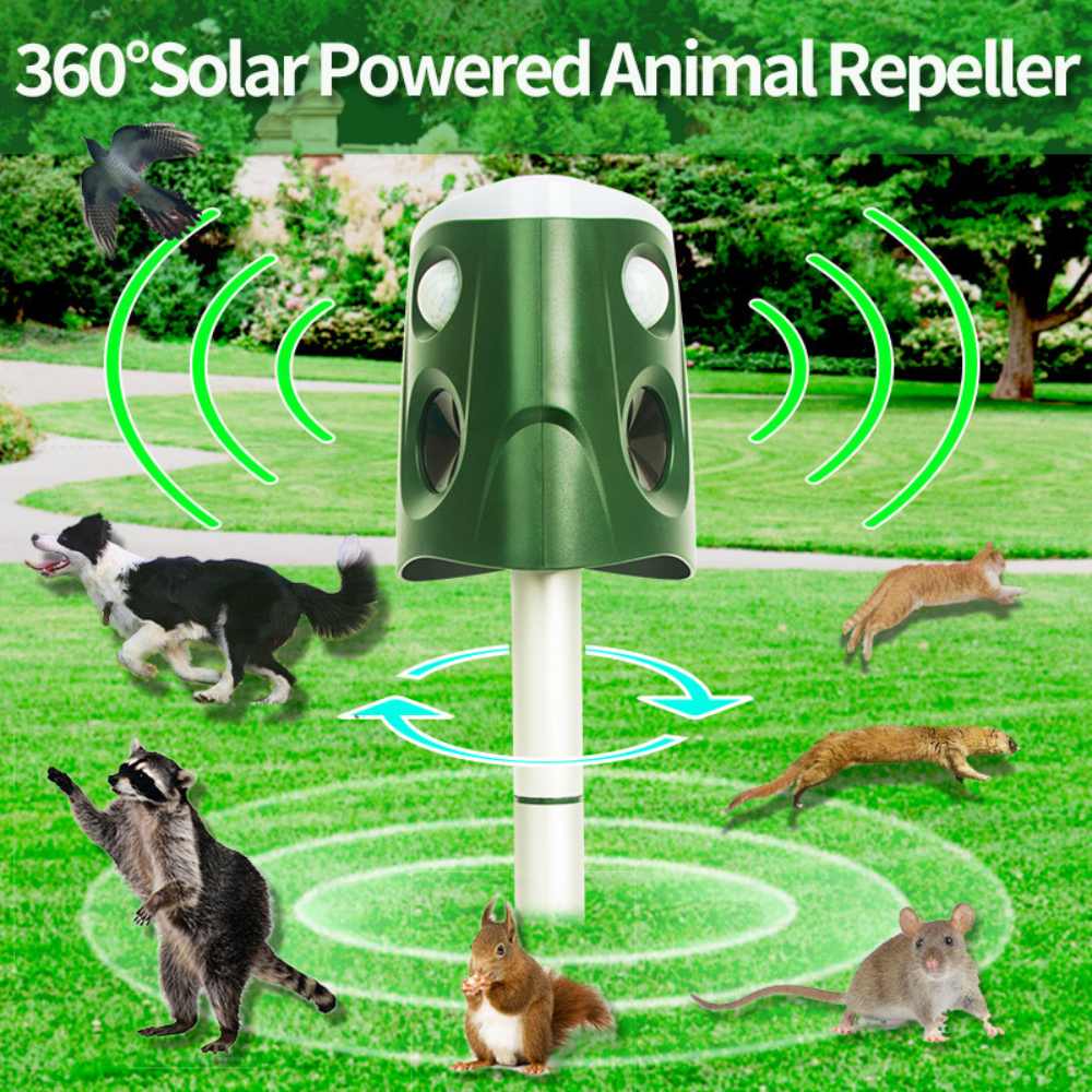 Belro 360° Animal Repellent Deterrent 3-in-1 for outdoor pest control, featuring sonic and motion sensors for effective animal deterrence.