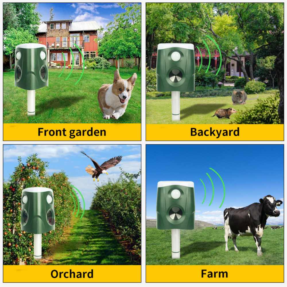 Belro 360° Animal Repellent Deterrent 3-in-1 for outdoor pest control, featuring motion-activated sensors and ultrasonic sound technology.