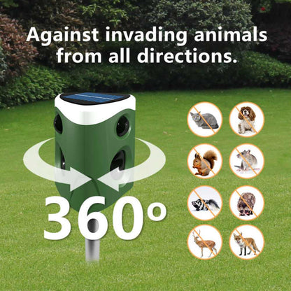 Belro 360° Animal Repellent Deterrent 3-in-1 for outdoor pest control, showing the device in a garden setting.