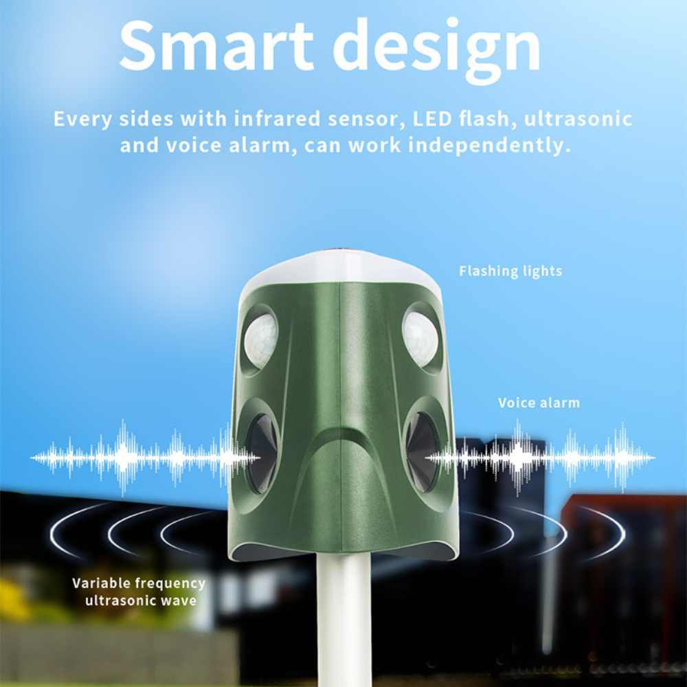 Belro 360° animal repellent deterrent, a 3-in-1 outdoor pest control device with solar-powered sensors and motion detection.