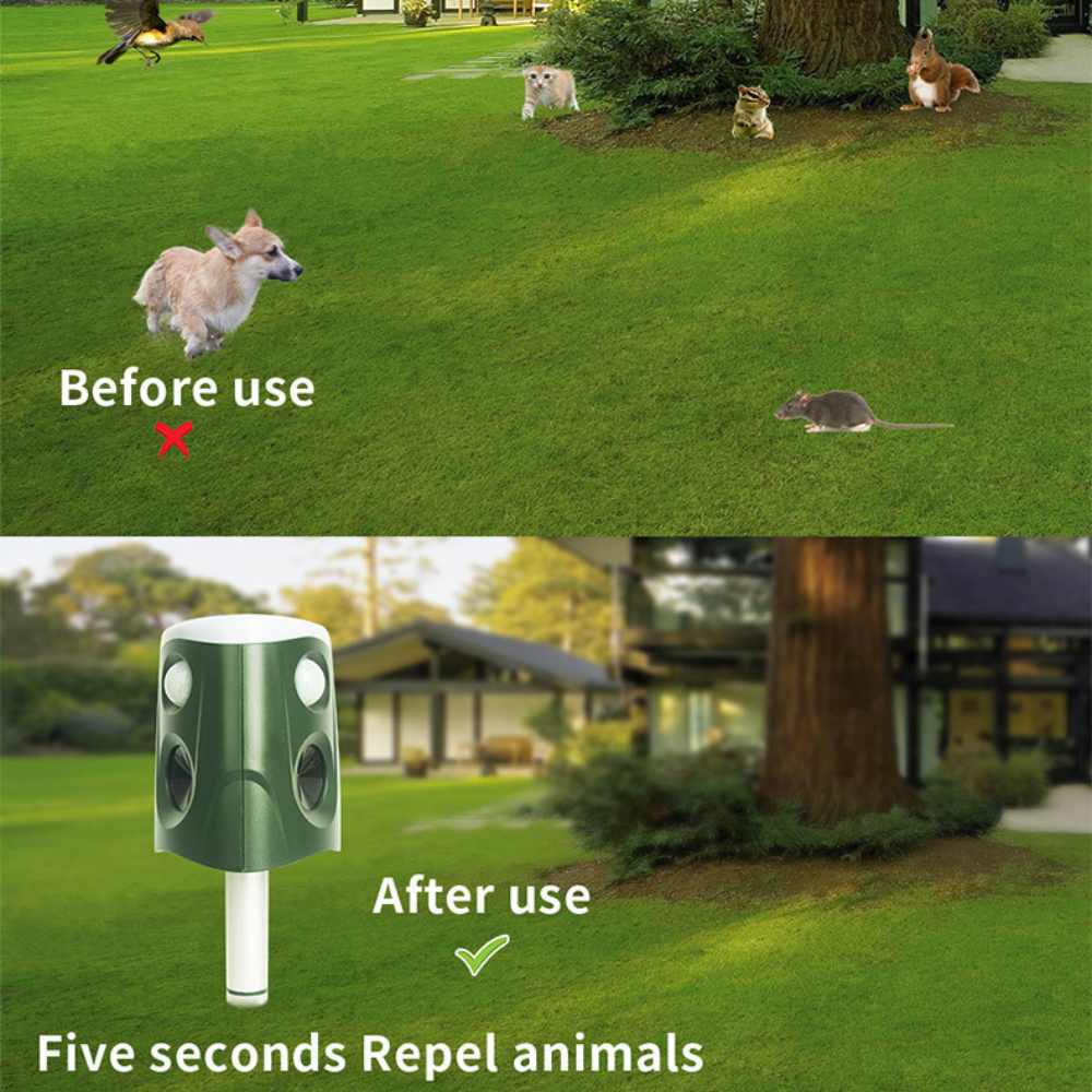 Belro 360° Animal Repellent Deterrent 3-in-1 for outdoor pest control, featuring a sleek design and motion sensors.