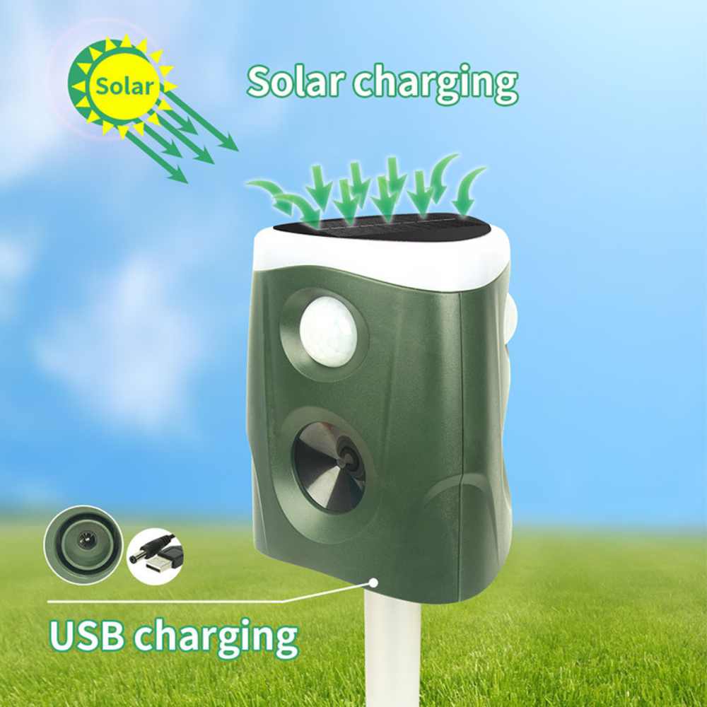 Belro 360° Animal Repellent Deterrent 3-in-1 for outdoor pest control, showing device with solar panel and motion sensors.
