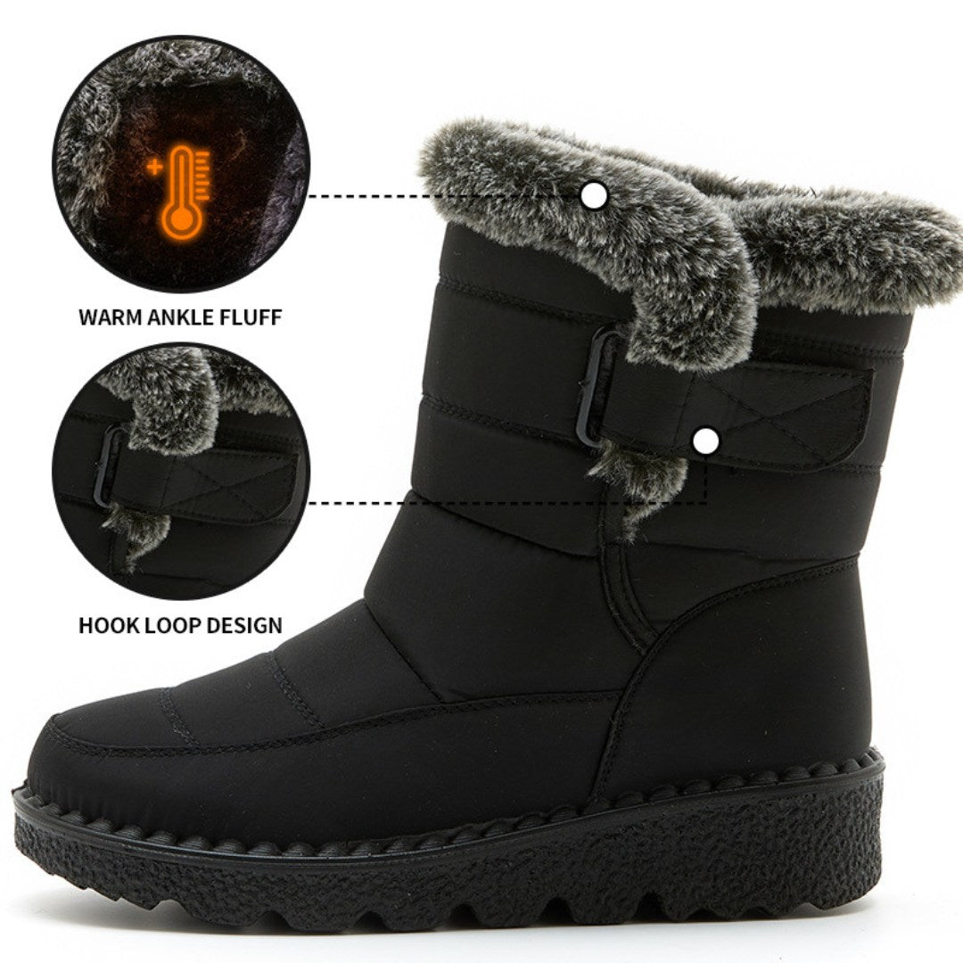 Belro women's waterproof heeled snow boot with a stylish winter design, featuring a sturdy heel and insulated exterior for cold weather.