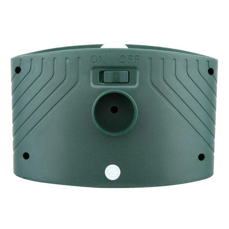 Solar-powered ultrasonic rabbit repeller with flashing light by Belro, designed to keep rabbits and pests away from gardens and yards.